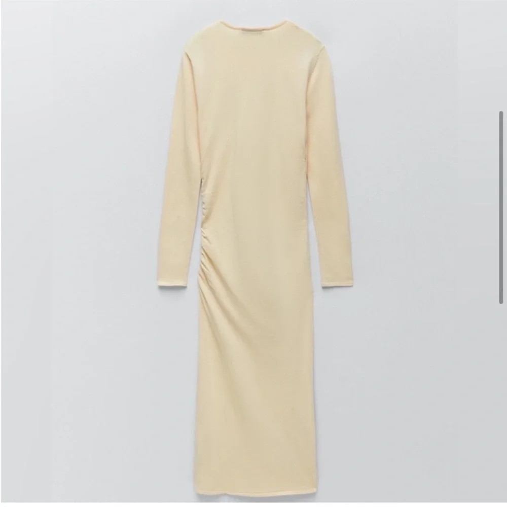 Zara Long-Sleeve Draped Knit Bodycon Minimalist Midi Dress, Beige Cream, Size‎ S - Picture 6 of 12